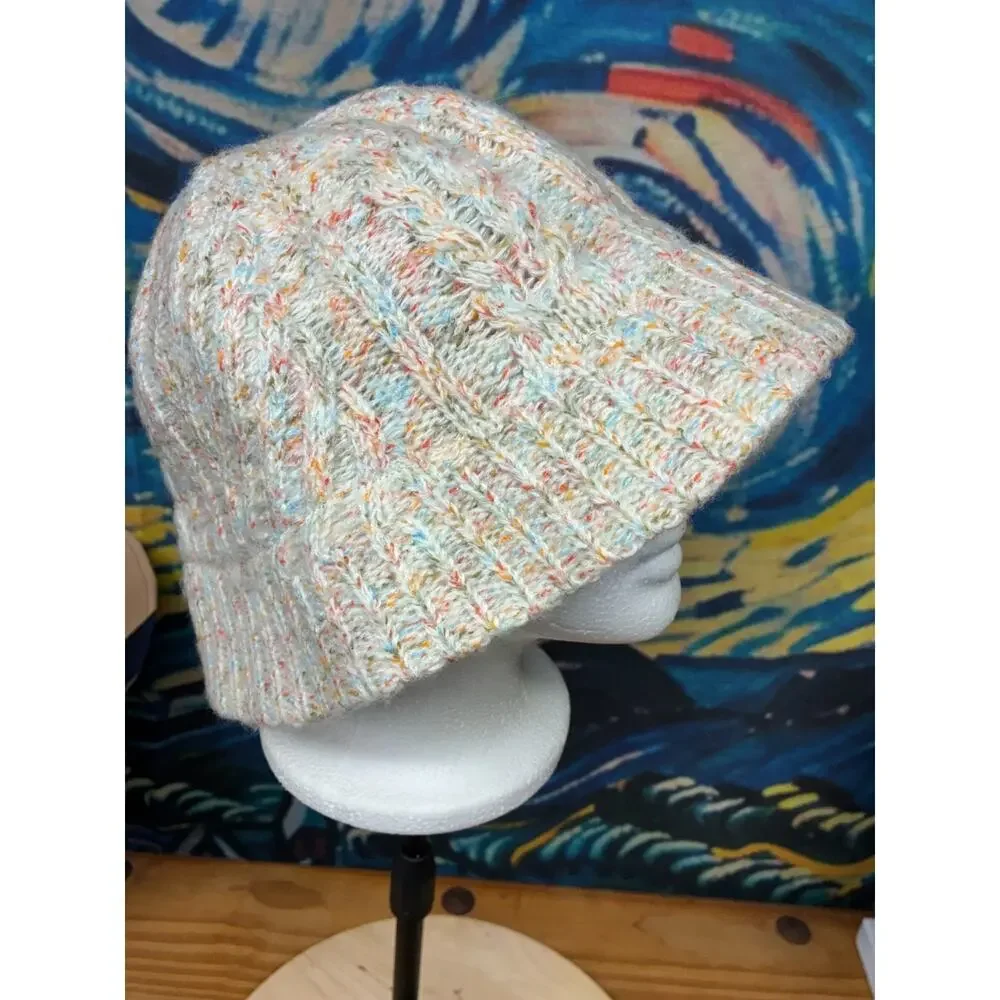 Lands End Knit Bucket Hat L XL Confetti Fleck Fleece Lined Winter Cloche